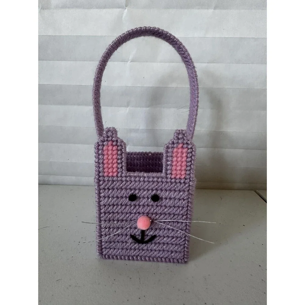 Mini Easter Basket Purple Sparkly Bunny – Colorful Plastic Canvas Handmade Gift